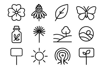 Minimalist nature icons set featuring flowers, leaves, and abstract elements