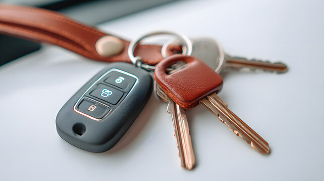 car keys and a remote control, symbolizing access, ownership, and modern technology. The keys are neatly arranged and in focus