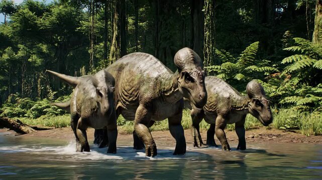 Homalocephale herd splashing and charging through a lush tropical jungle river, dynamic prehistoric scene showing motion, survival and wet, verdant mesozoic wilderness