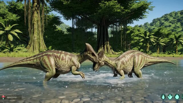 Two charonosaurus pair nuzzle in a shallow jungle river, surrounded by lush tropical vegetation and ancient trees, a peaceful prehistoric moment of affection and bonding