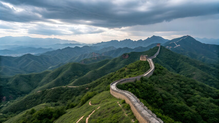 Great Wall of China winding over lush green mountains under dramatic cloudy sky full hd 4k stock image download