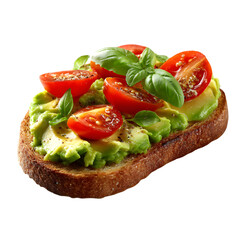 Close up shot of toast topped with fresh avocado slices, cherry tomatoes, and basil on transparent background, ideal for healthy eating and vegetarian themes.