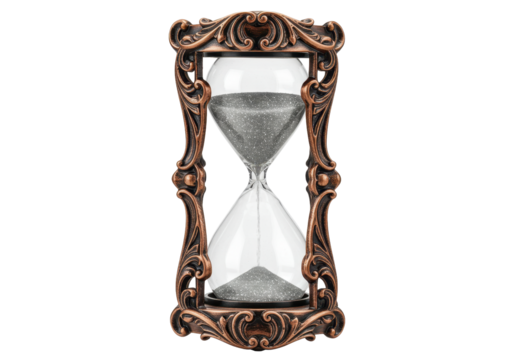 Isolated hourglass with sand timer in ornate vintage bronze frame time concept