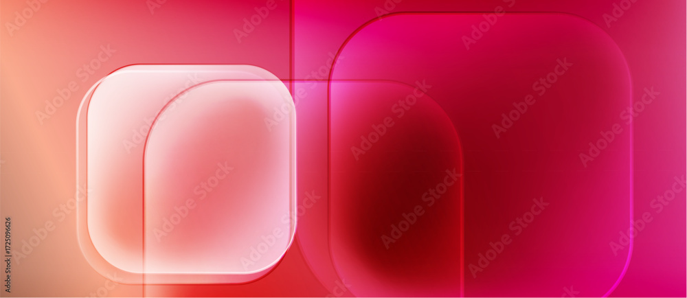 Poster abstract composition featuring rounded squares, gradients. pink, red hues dominate design, creating 