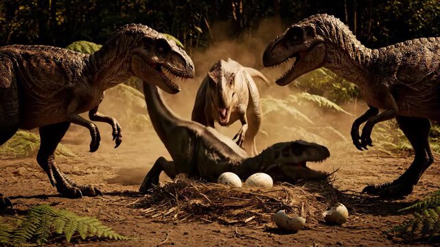 Tyrannosaurus rex dinosaurs aggressively protecting a nest filled with eggs in a prehistoric jungle environment, portraying territorial instincts and primeval survival