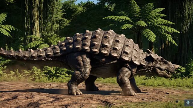 Ankylosaurus, a large armored herbivorous dinosaur, is walking through a dense, green prehistoric jungle environment under a clear blue sky, evoking ancient wildlife and primeval times
