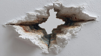 Revealing vibrant textures and abstract depth through a fractured white wall surface