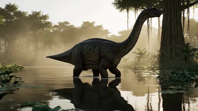 Sauropod dinosaur wading through a misty jungle swamp at dawn, its long neck and tail reflected in still water, evoking primeval wilderness and ancient life