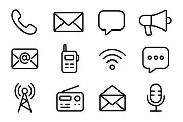 Simple linear communication icons set including phone, email, and radio