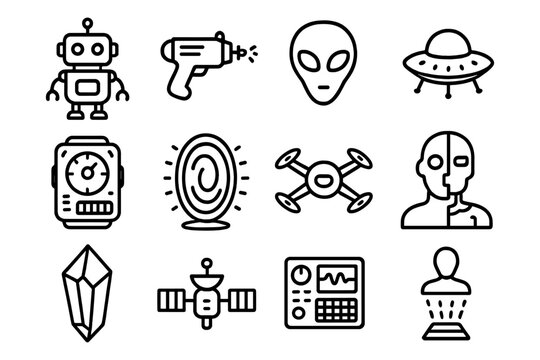 Futuristic technology icons: ai, space exploration, and alien elements in linear style