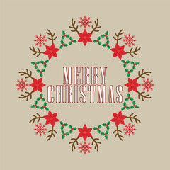 A decorative, vector illustration of a traditional Christmas wreath on a beige background, composed of red poinsettias, holly, snowflakes, and reindeer antlers surrounding "MERRY CHRISTMAS"typography.