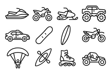 Outdoor adventure icons set: watercraft, off-road, and extreme sports in linear style