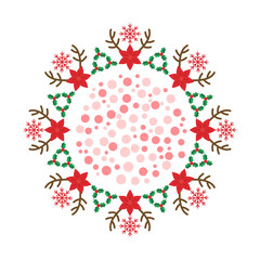 A decorative, vector illustration of a traditional Christmas wreath on a beige background, composed of red poinsettias, holly, snowflakes, and reindeer antlers surrounding