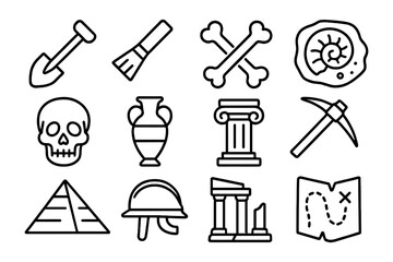 Fototapeta premium Archaeology icon set: tools, artifacts, and symbols in linear style