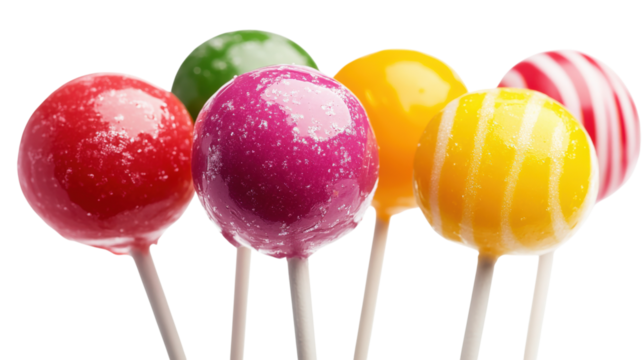 Assorted colorful lollipops on sticks isolated on a transparent background