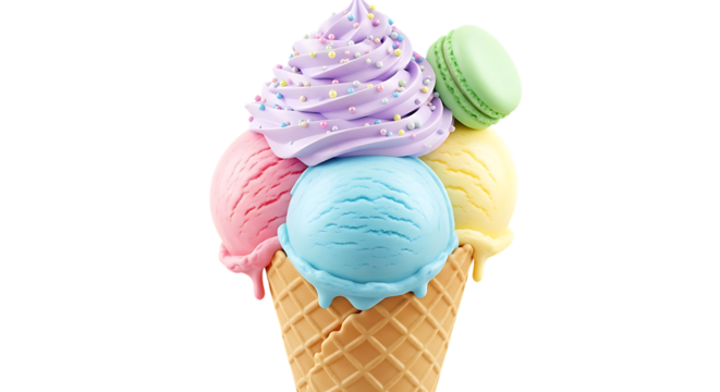 Colorful Ice Cream Cone with Macaron Topping on Transparent Background