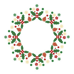 Modern Christmas Wreath Vector Illustration on Black Background with Blue Winter Flowers and 'Merry Christmas' Text