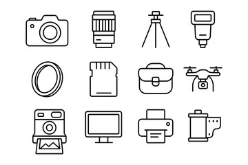 Photography equipment icons set featuring cameras, lenses, and accessories in modern linear style