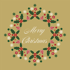 Elegant Merry Christmas Wreath Design with Holly Leaves, Red Berries, and Snowflakes.