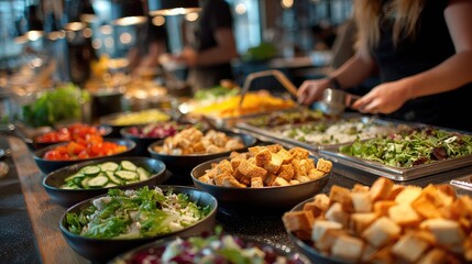 Obraz premium Buffet line filled with fresh salads vegetables and croutons bright colorful buffet food