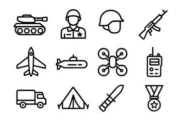 Obraz premium Military icon set: tank, soldier, helmet, rifle, aircraft, submarine, drone, radio, truck, tent, knife, medal