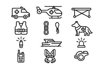 Emergency rescue line icons: ambulance, helicopter, lifeboat, and equipment