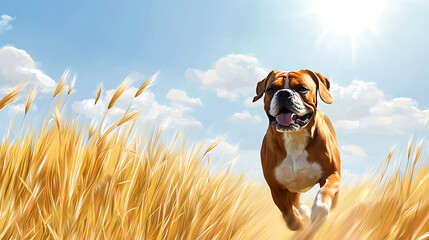 A dog is running through a field of tall grass
