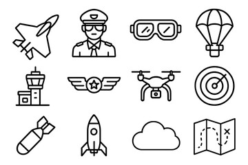 Aviation and military line icons collection: pilot, drone, parachute, map, and more