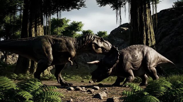 Tyrannosaurus rex roaring aggressively at a triceratops in a dense prehistoric jungle, representing ancient wildlife, survival, and a powerful predator-prey conflict in a wild natural environment