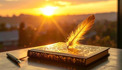 A modern journal with intricate gold foil designs on a leather cover, resting on a sleek desk with a single feather pen, illuminated by golden sunset, shot in vivid detail as if by HD camera. 32k, ful