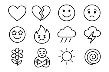 Simple outline icons of emotions, weather, and nature for modern designs