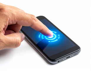 tapping touchscreen smartphone with glowing digital button effect