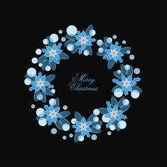 Modern Christmas Wreath Vector Illustration on Black Background with Blue Winter Flowers and 'Merry Christmas' Text.