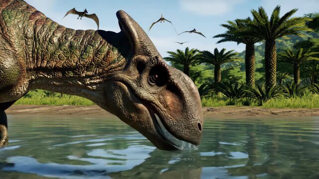 Parasaurolophus lowering its head to drink from a calm river as pterosaurs glide overhead across a lush, primeval jungle landscape in a prehistoric wilderness scene