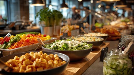 Colorful salad bar with various dishes bright lighting in a modern setting