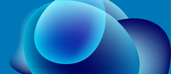 Abstract blue shapes overlap, creating soft gradients. Smooth forms suggest fluidity, depth, modern aesthetic. Minimalist design.