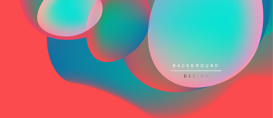 Abstract fluid shapes overlap, creating vibrant color gradients. Red, turquoise, blue blend seamlessly. Modern design element.