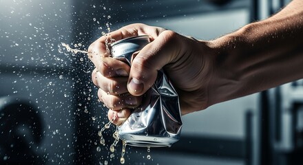Male hand crushing a silver soda can with liquid splashing, symbolizing strength, power, and waste reduction
