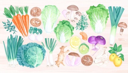 野菜の水彩イラスト、冬野菜の手描き風イラスト、にんじんと白菜、きのこやねぎの絵、カラフルな野菜アート、野菜の並んだイラスト、食材のイラスト素材、ベジタブルアート、水彩画風の食べ物、自然派ライフスタイルのイメージ、ヘルシーな野菜素材、和食材のイラスト、栄養満点の食材、水彩のやさい背景、木のテーブルと野菜
