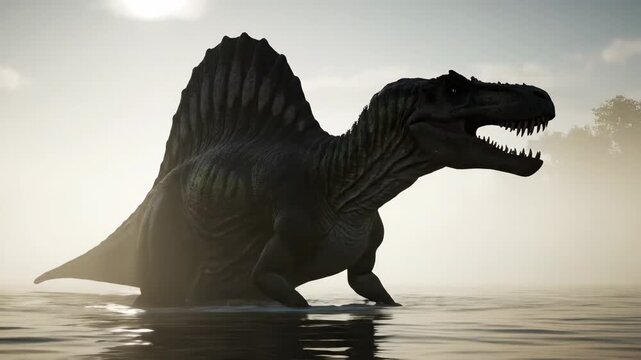 Spinosaurus, a large carnivorous dinosaur, rising from a misty lake at sunrise, creating a dramatic silhouette in the atmospheric prehistoric landscape