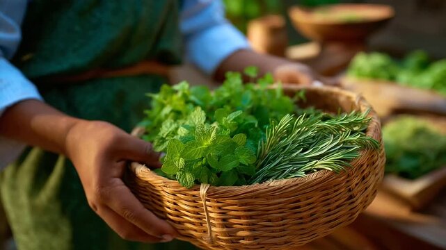 A farmer collects herbs in a garden with mint leaves snipped rosemary bundled a basket brimming and a child smelling fresh basil presented in a fragrant photo with leaf