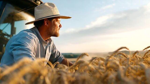 A farmer harvests golden wheat in a sprawling field at dawn with a combine rumbling dust clouds swirling a straw hat shading his face and a distant silo gleaming under the