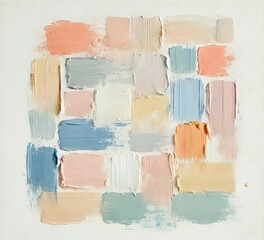 An abstract painting featuring a collection of textured brushstroke rectangles in pastel color