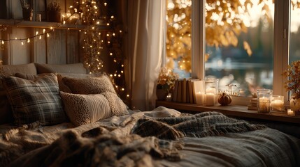 Cozy autumn bedroom with warm lighting and fall scenery rustic decor
