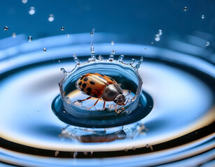 Close-Up of a Bug Encased in a Water Droplet on Rippling Water