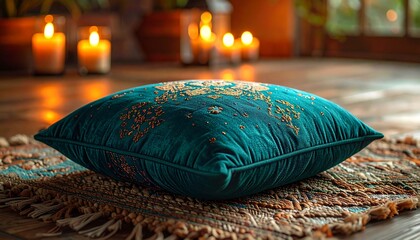 A cozy meditation cushion in rich teal with subtle embroidered patterns, placed on a woven rug, bathed in warm candlelight, photographed with lifelike texture as if by HD camera. 32k, full ultra hd, h