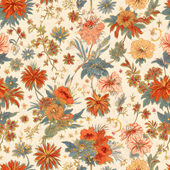 A detailed, seamless repeating pattern featuring an all-over classic Chinoiserie or Toile de Jouy style floral design