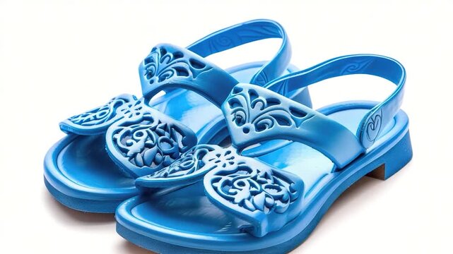 Close-up view of a pair of blue sandals with intricate design and straps