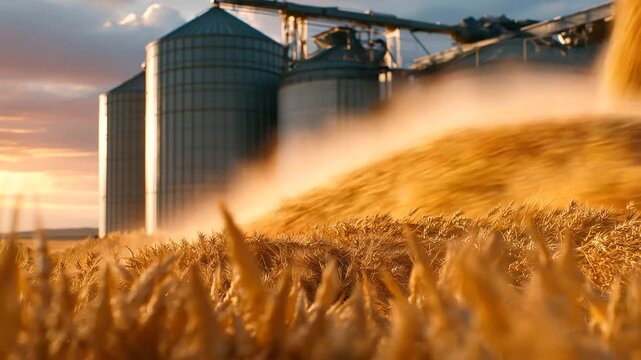A silo is filled with oats in a busy harvest season with augers churning trucks lining up dust swirling in the evening light and workers shouting over the noise shown in a cha