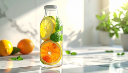 A sleek glass bottle of infused water with vibrant citrus slices and mint leaves, set on a marble counter, glistening in soft morning light, captured in crisp detail like an HD camera shot. 32k, full 